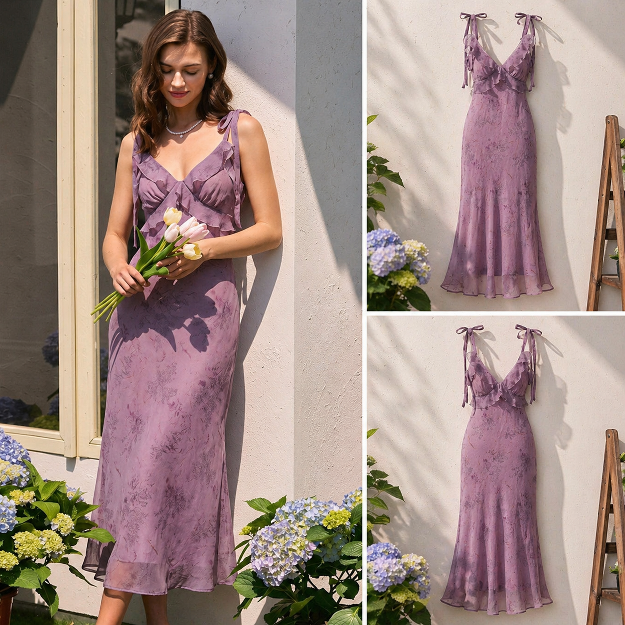 Vestido midi con tirantes con corbata floral y flor morado
