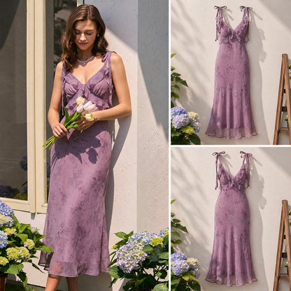 Vestido midi con tirantes con corbata floral y flor morado