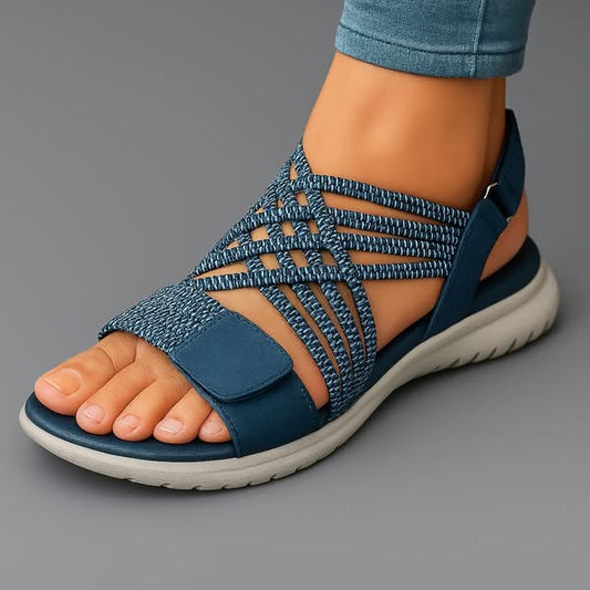 Sandalia ortopédica ergonómica azul con tiras tejidas y banda al empeine