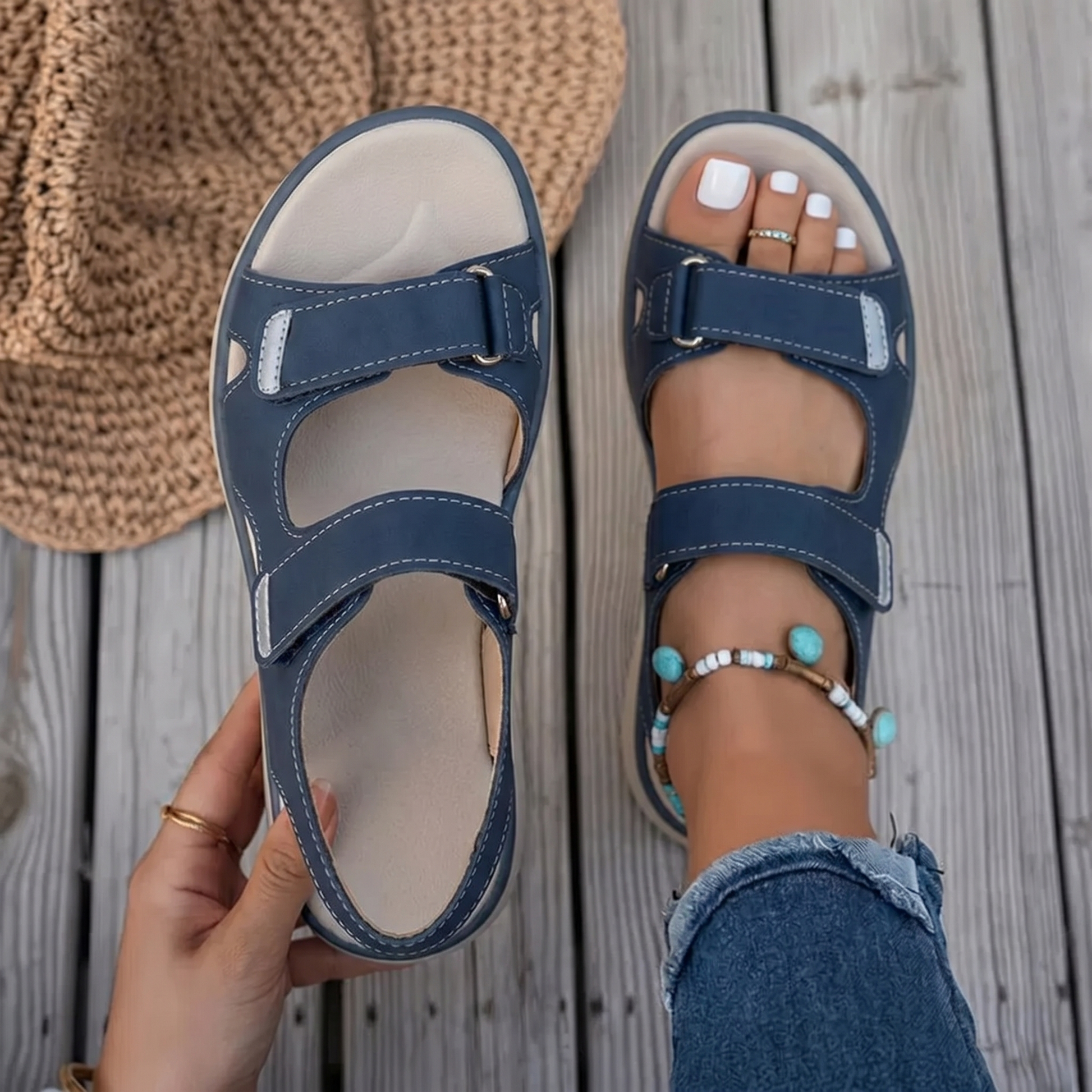 Sandalias ortopédicas antideslizantes azules en los pies, con velcro metálico