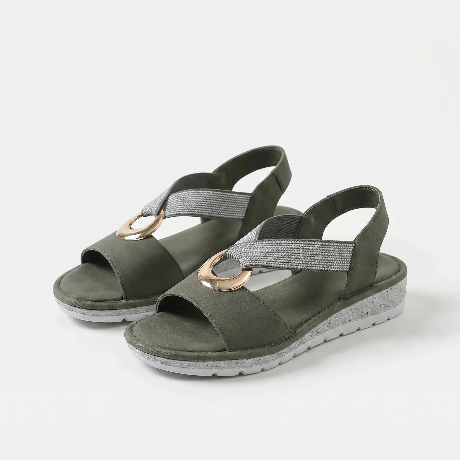 Sandalias ortopédicas confort verde oliva, dos vistas, con tira elástica gris y suela acolchada
