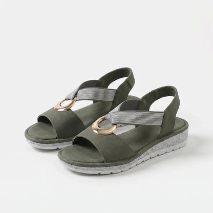 Sandalias ortopédicas confort verde oliva, dos vistas, con tira elástica gris y suela acolchada