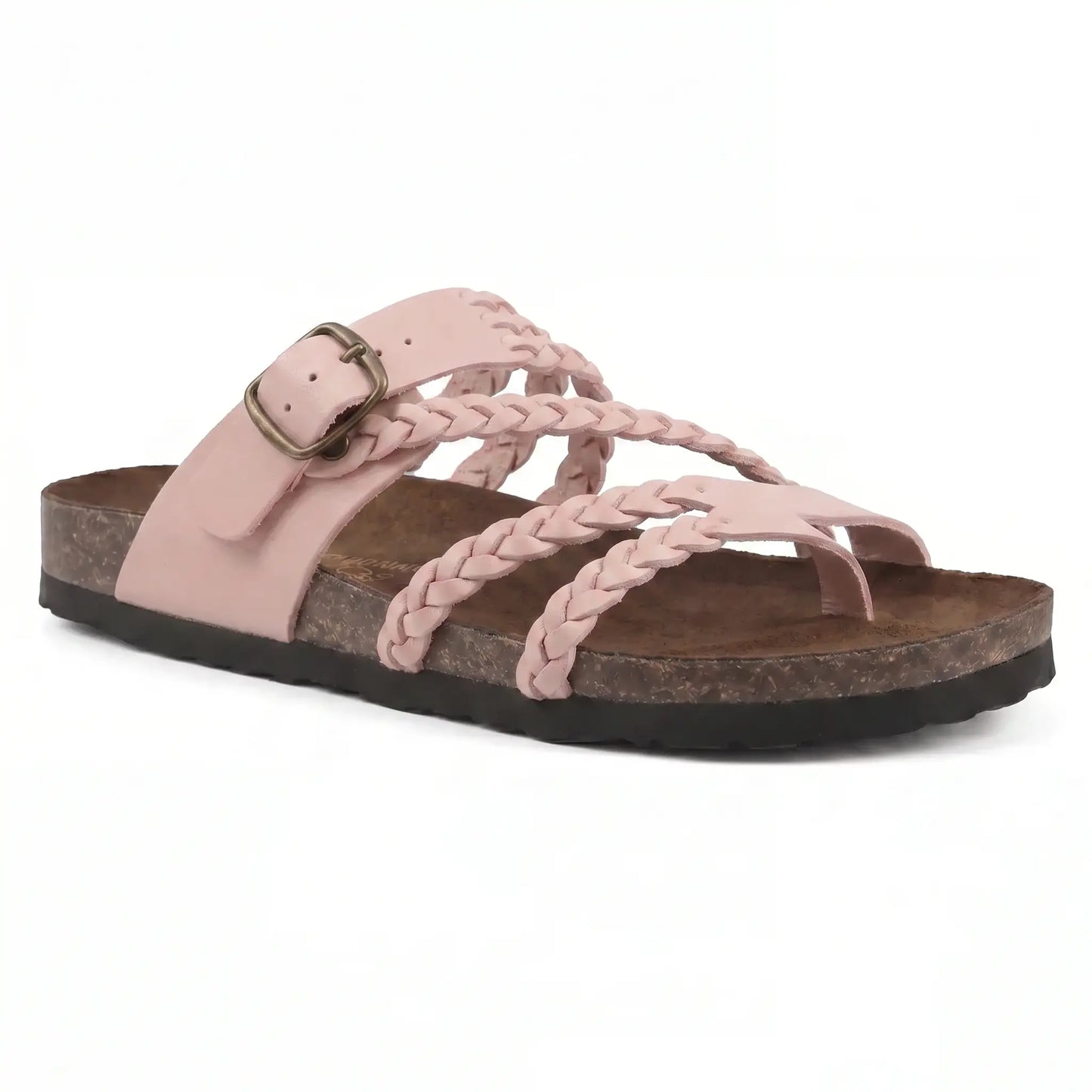 Sandalias ortopédicas rosa claro con tira acolchada, trenzado y hebilla metálica