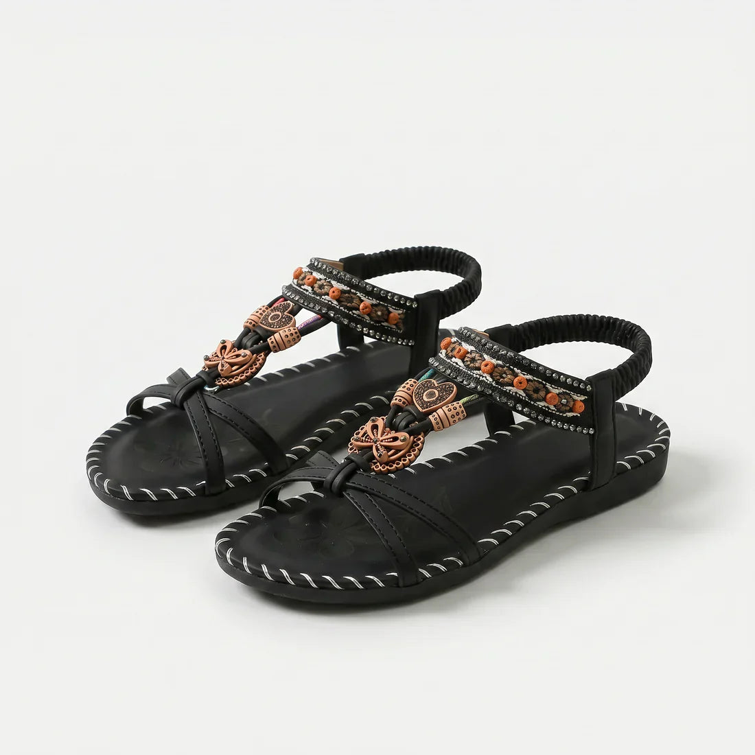 Sandalias ortopédicas cómodas negras con correas y adorno colgante decorativo