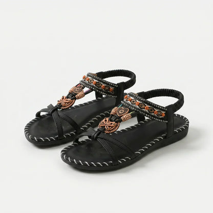 Sandalias ortopédicas cómodas negras con correas y adorno colgante decorativo