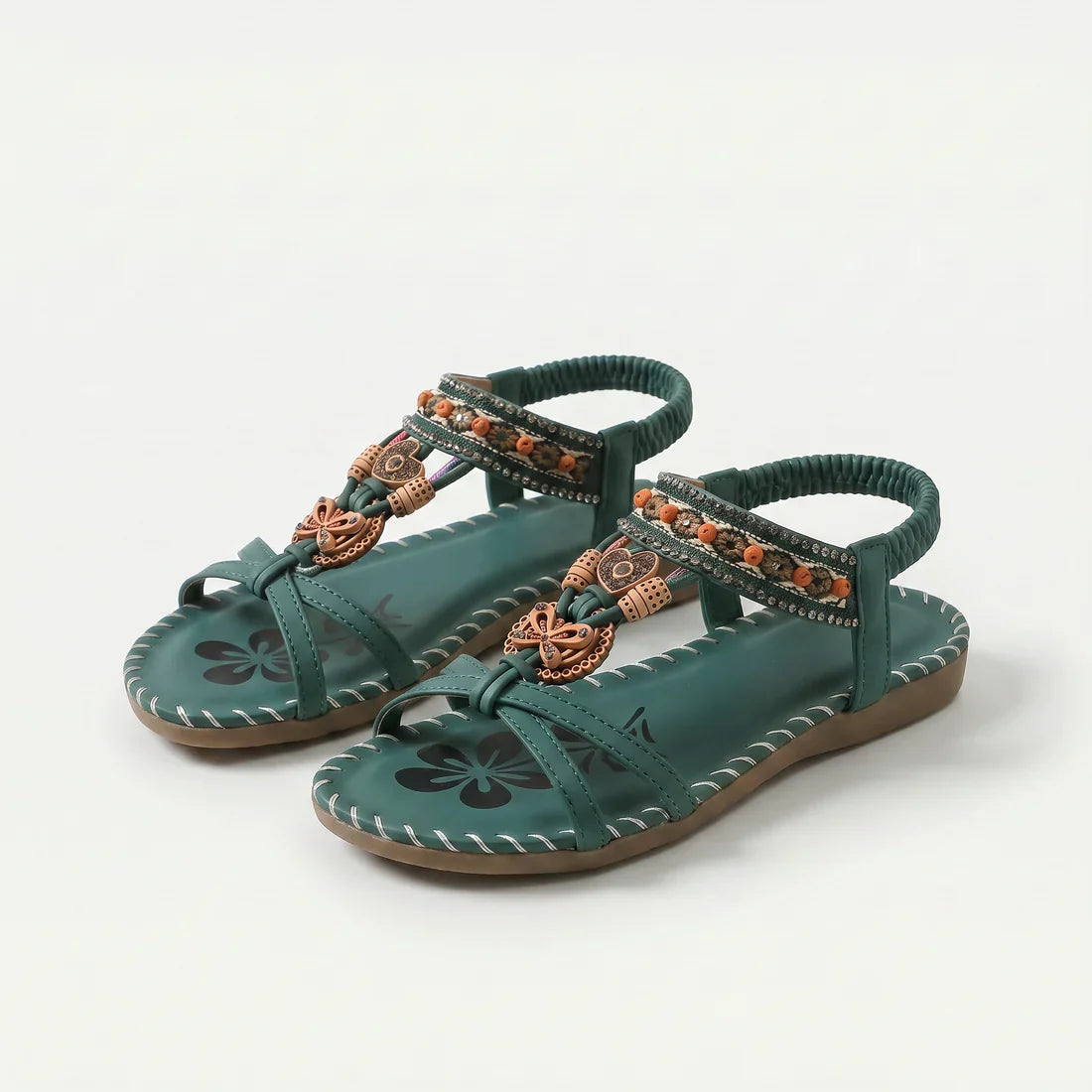 Sandalias ortopédicas cómodas verde oscuro con correas elásticas y decoración