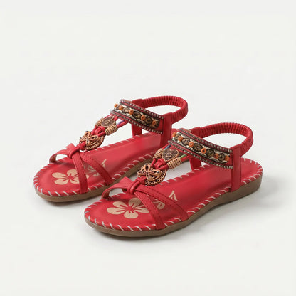 Sandalias ortopédicas cómodas rojas con correas elásticas y decoración colgante