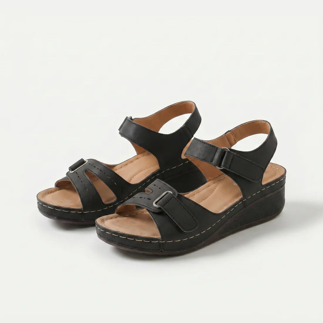Sandalias ortopédicas con cuña negras, correas ajustables con hebilla y vista de dedos