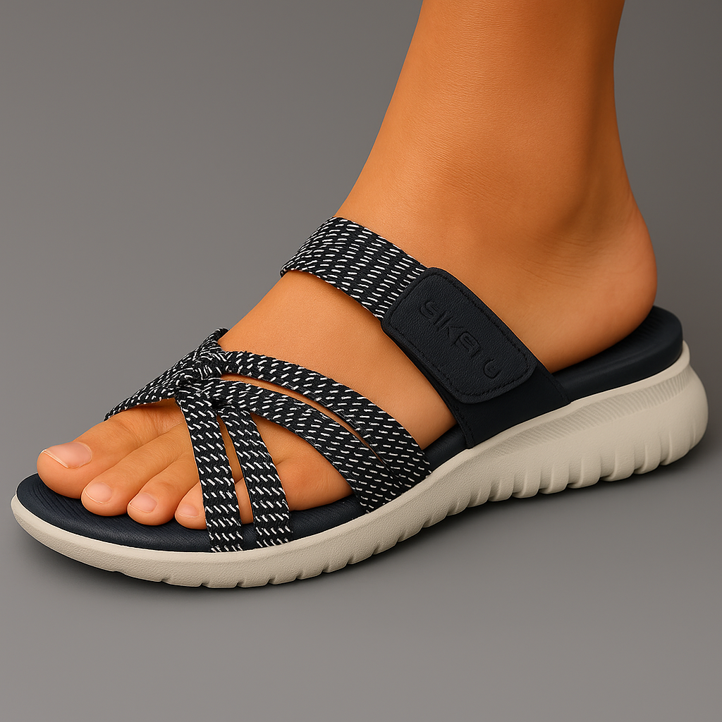 Sandalias ortopédicas cómodas negras con tiras tejidas y pulsera ajustable